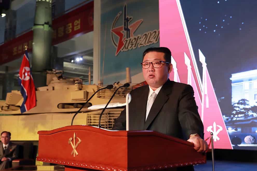 North Korean leader Kim Jong Un speaks during a recent exhibition of weapons systems in Pyongyang. North Korea fired a ballistic missile into the sea on Tuesday (Korean Central News Agency/Korea News Service/AP)