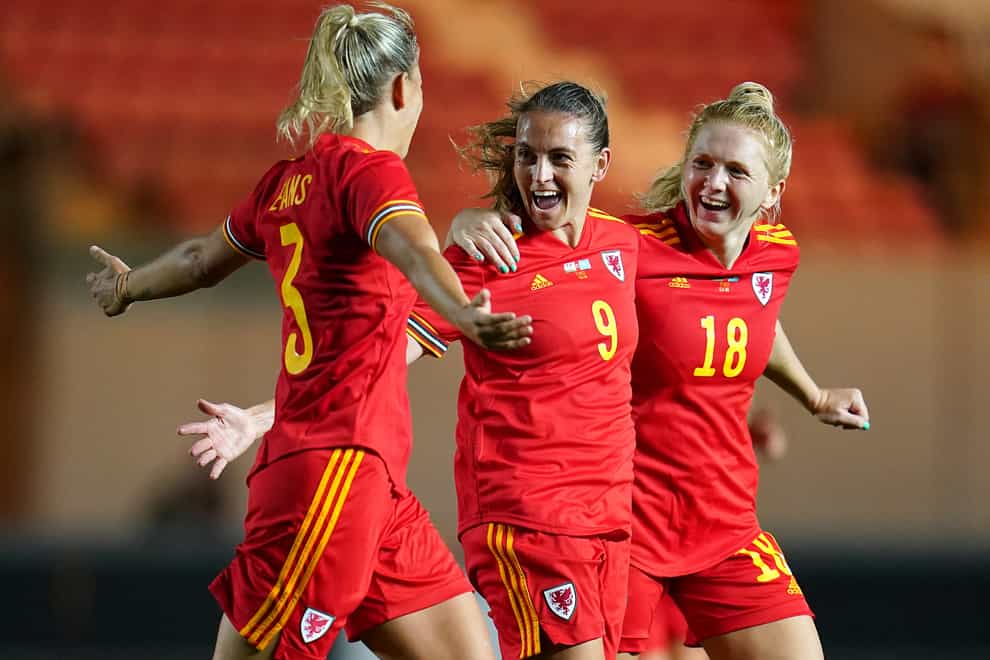 Kayleigh Green (second right) celebrates during Wales’ 6-0 victory over Kazakhstan in last month’s World Cup qualifier (Nick Potts/PA)
