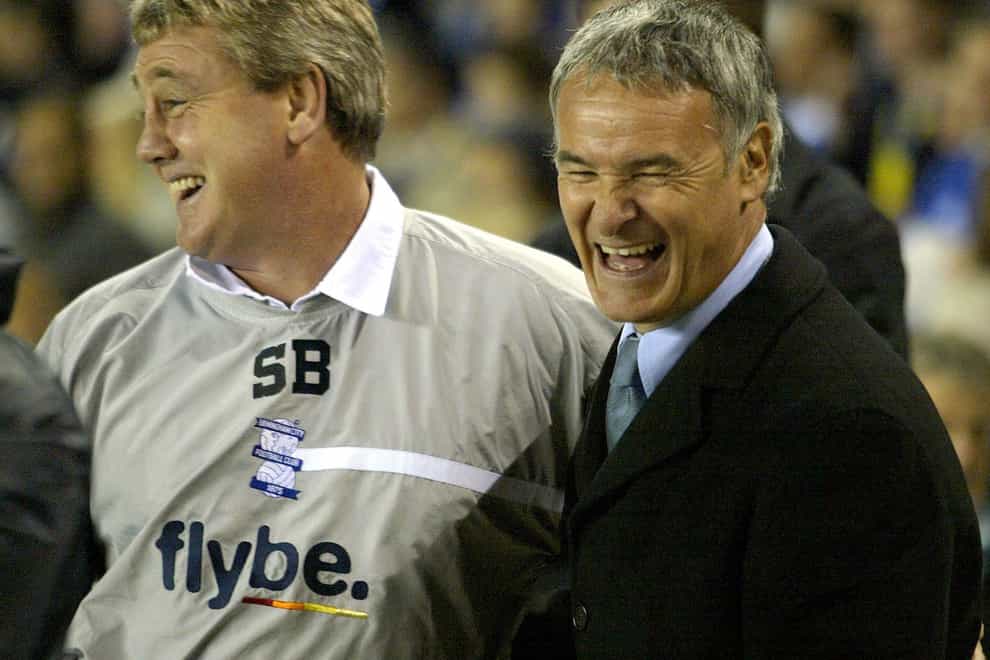 Claudio Ranieri shares a joke with Steve Bruce during their respective tenures as Birmingham and Chelsea bosses (Nick Potts/PA)