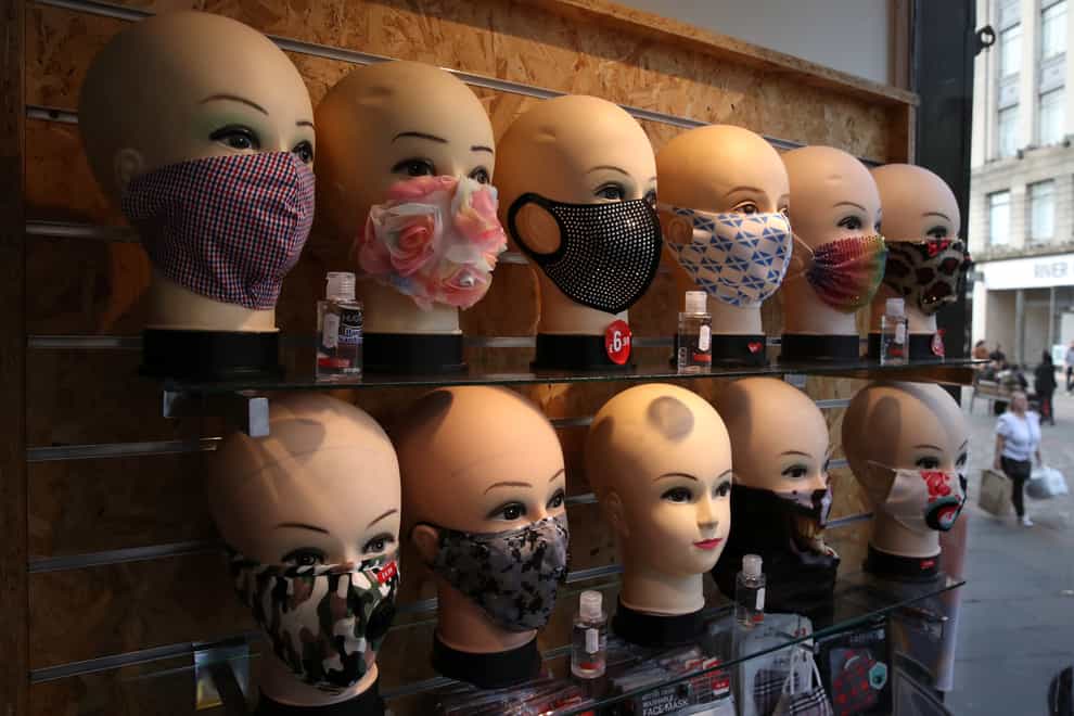 Face masks on display at the Pride of Glasgow shop (Andrew Milligan/PA)