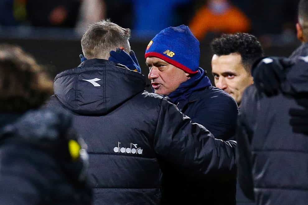 Jose Mourinho congratulates Bodo/Glimt coach Kjetil Knutsen (Mats Torbergsen/NTB Scanpix via AP)