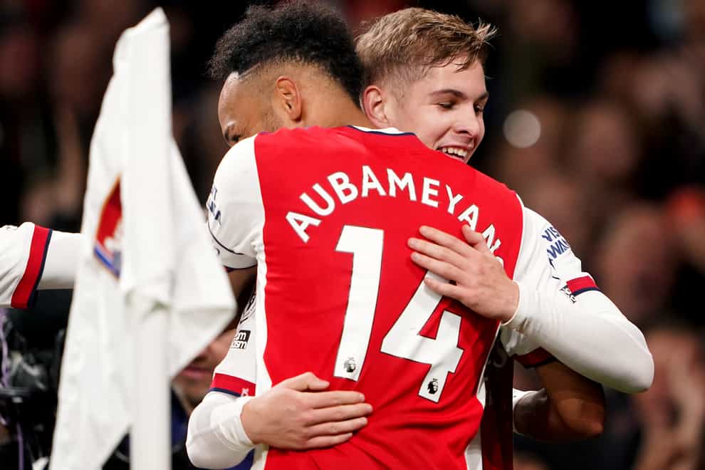 Arsenal goalscorers Pierre-Emerick Aubameyang, left, and Emile Smith Rowe celebrate (Zac Goodwin/PA)