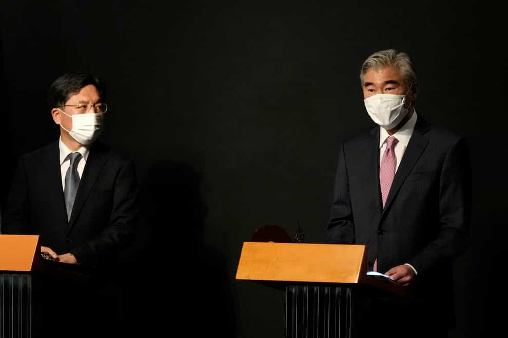 US special representative for North Korea Sung Kim (right) speaks during a briefing after a meeting with South Korea’s special representative for Korean Peninsula peace and security affairs Noh Kyu-duk in Seoul (Ahn Young-joon/Pool/AP)