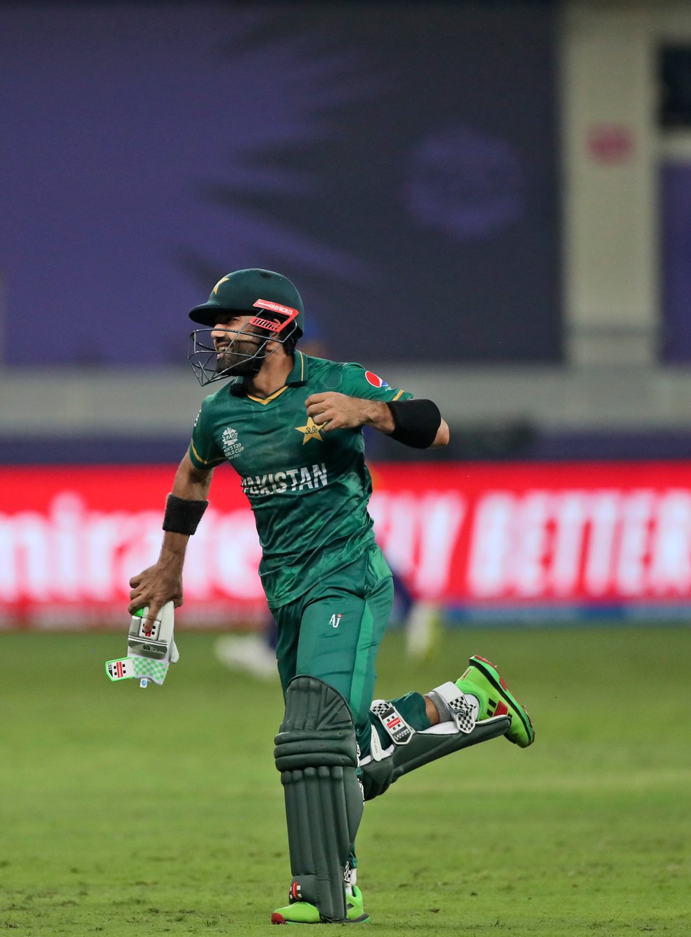 Mohammad Rizwan celebrates Pakistan’s win (Aijaz Rahi/AP)