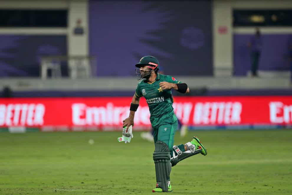 Mohammad Rizwan celebrates Pakistan’s win (Aijaz Rahi/AP)