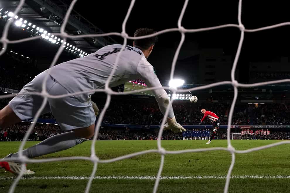 Will Smallbone fires over the crossbar for Southampton in their Carabao Cup shoot-out loss at Chelsea (Nick Potts/PA)