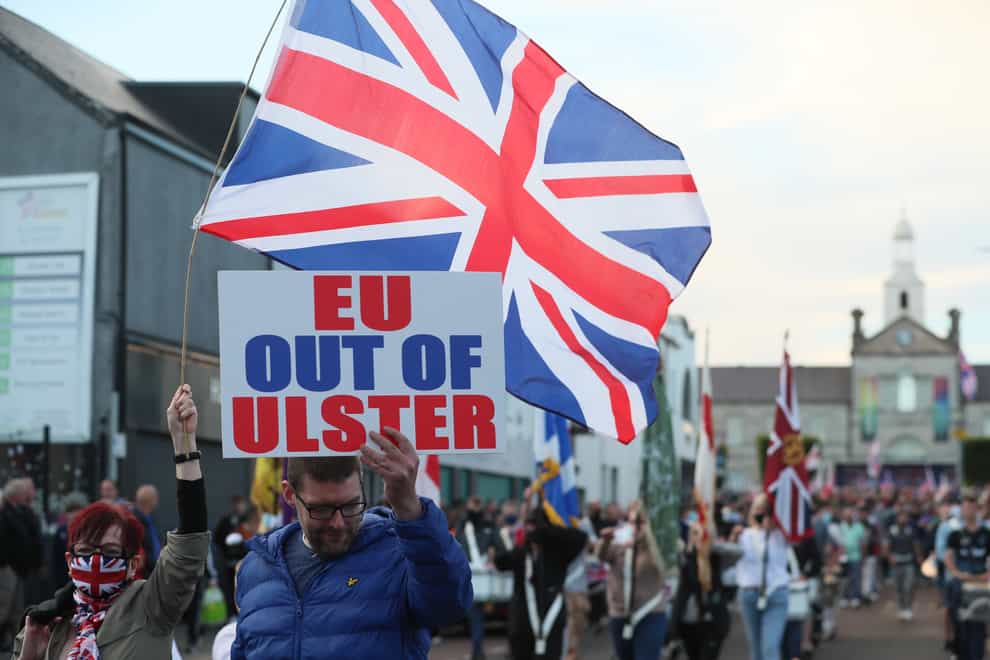People take part in a Loyalist protest in Newtownards, County Down, against the Northern Ireland Protocol. Picture date: Friday June 18, 2021.