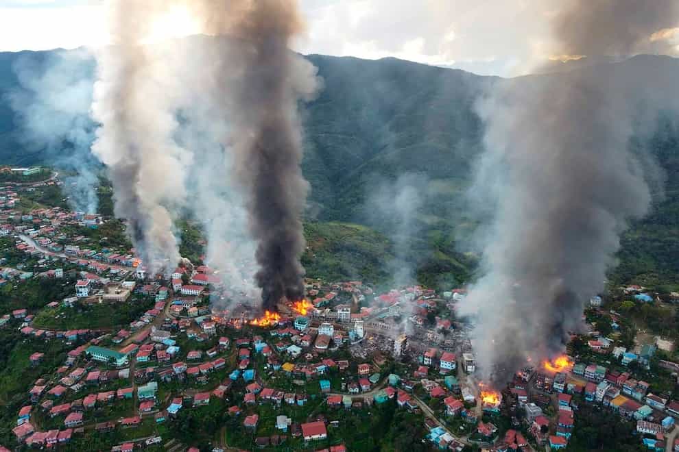 Fires burn in the town of Thantlang, Myanmar (Chin Human Rights Organisation via AP)