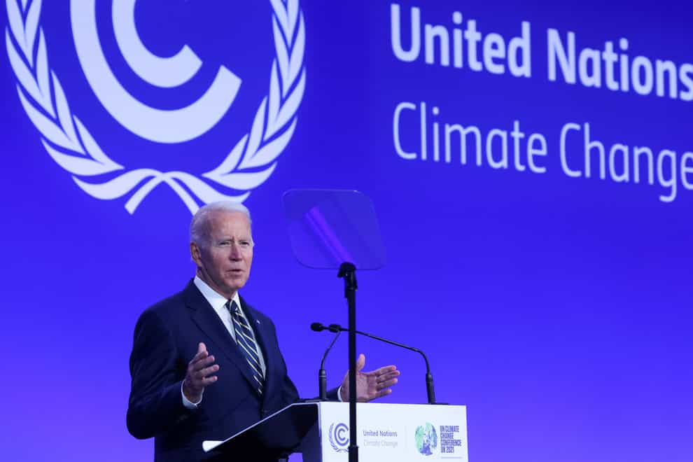 US President Joe Biden speaks at the opening ceremony for the Cop26 summit at the Scottish Event Campus in Glasgow (Yves Herman/PA)