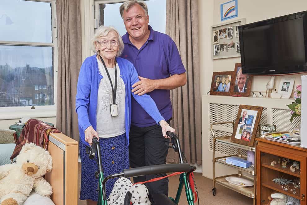 Inside the Care Crisis with Ed Balls. Pictured: Ed Balls with Phyllis (BBC/Expectation Entertainment/Stuart Wood/PA)