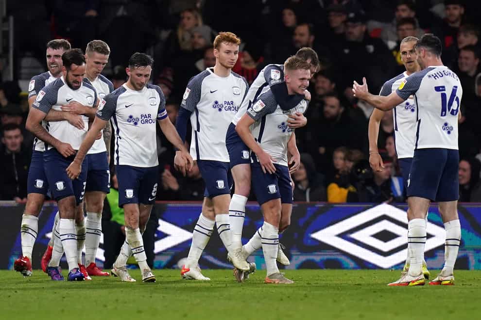 Preston’s Ali McCann (centre right) celebrates scoring the winning goal (Adam Davy/PA)