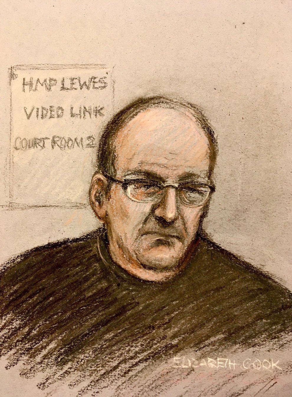 Court artist sketch by Elizabeth Cook of David Fuller appearing via video link at Maidstone Crown Court (Elizabeth Cook/PA)