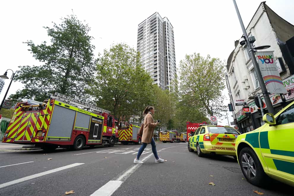 Vehicles used by the emergency services at the scene of a fire at a tower block on Deacon Street in Elephant and Castle (Kirsty O’Connor/PA)