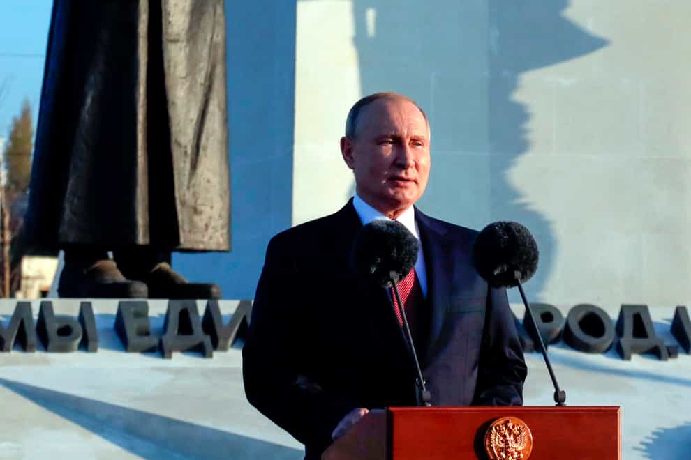 Russian President Vladimir Putin delivers his speech at the memorial complex dedicated to the end of the Russian Civil War (Mikhail Metzel/AP)
