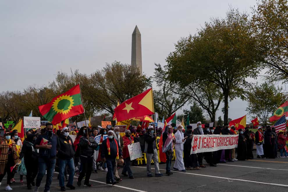 Exile Tigray community and their supporters march in Washington (AP)