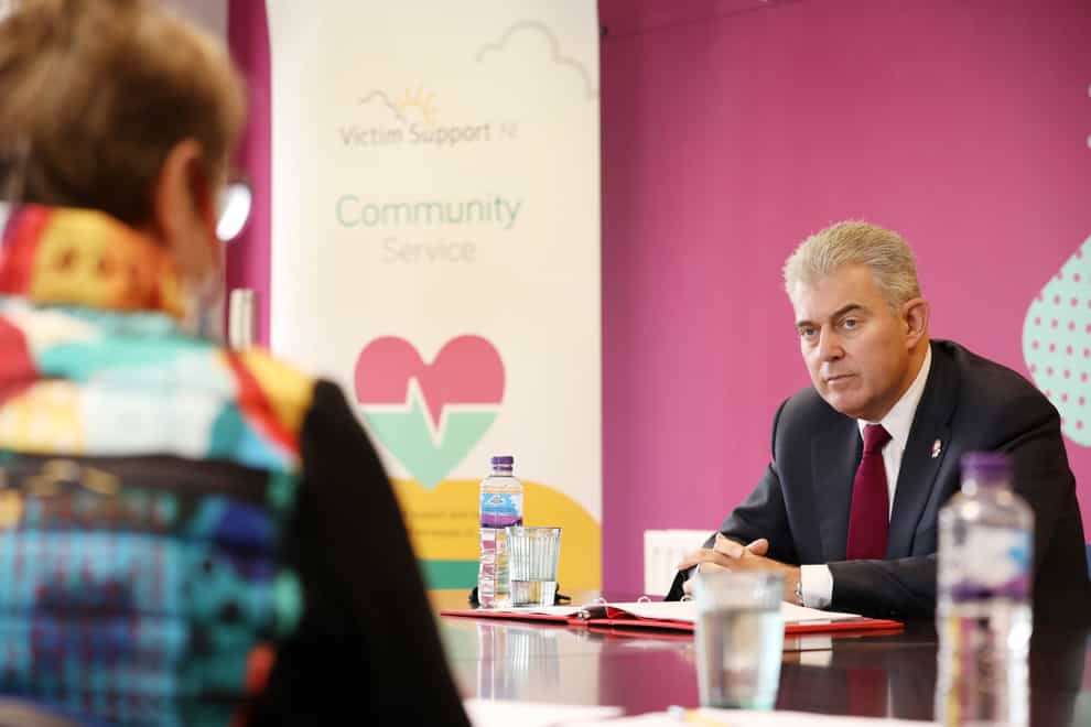 Brandon Lewis visited Women’s Aid and Victim Support NI in Belfast (Darren Kidd/PressEye/PA)