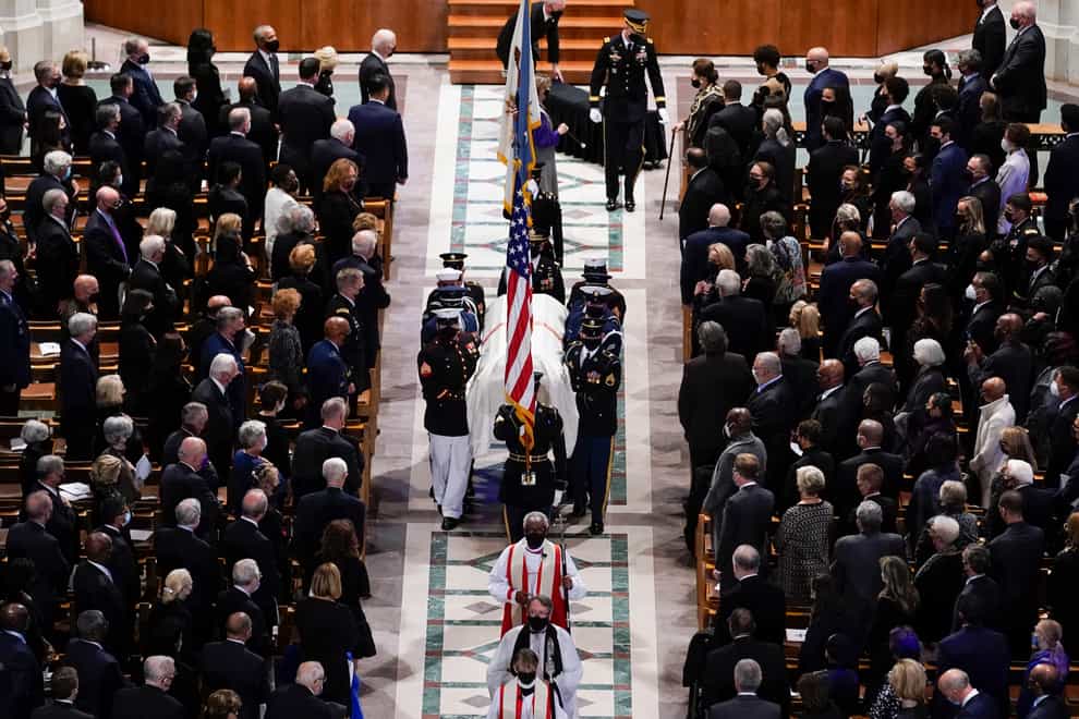 A military bearer team carries the casket after the funeral for former Secretary of State Colin Powell (Andrew Harnik/AP)