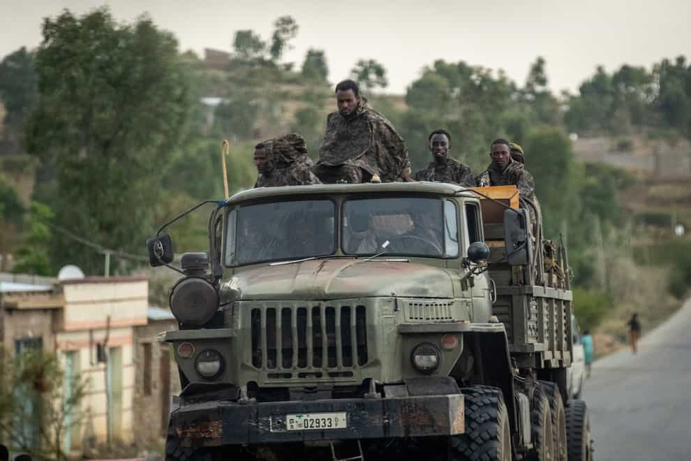 Ethiopian government soldiers on a road leading to Abi Adi, in the Tigray region (Ben Curtis/AP)