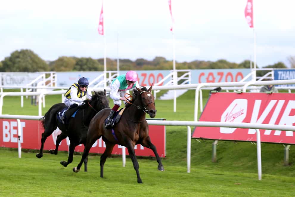 Vesela and Rob Hornby (right) won the British EBF Gillies Fillies’ Stakes at Doncaster (Nigel French/PA)