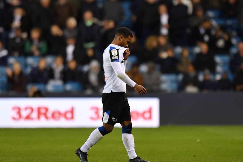 Derby’s Nathan Byrne was sent off at Millwall (Ashley Western/PA)