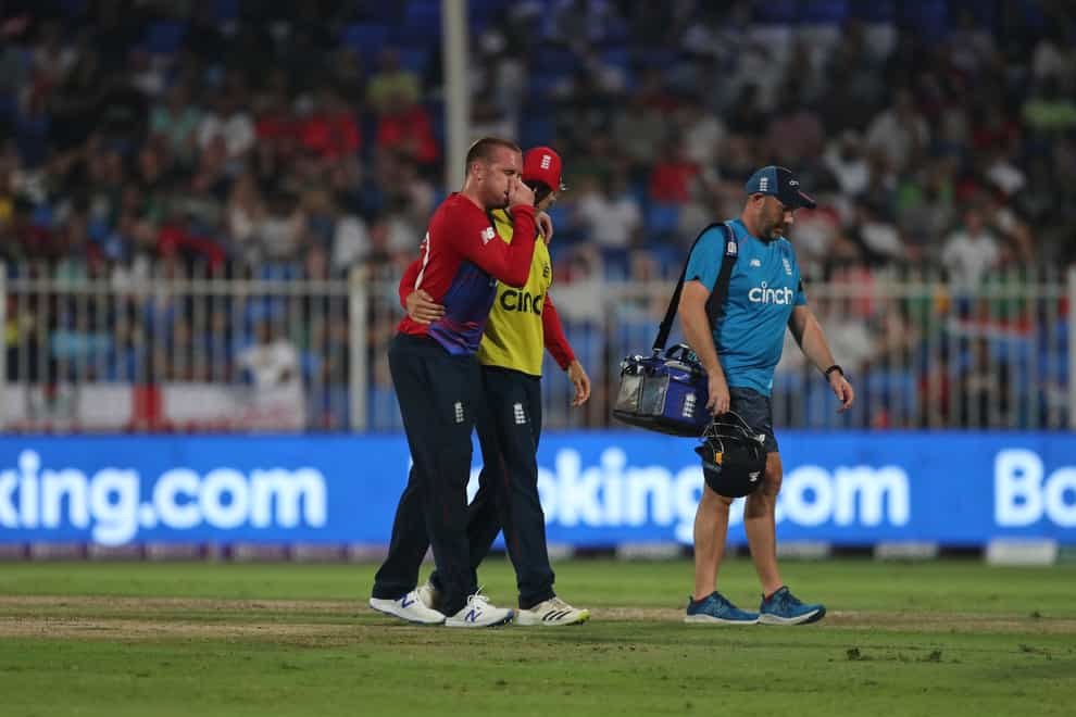 Jason Roy, left, had to be helped off the field as he retired hurt in England’s defeat to South Africa on Saturday (Aijaz Rahi/AP/PA)