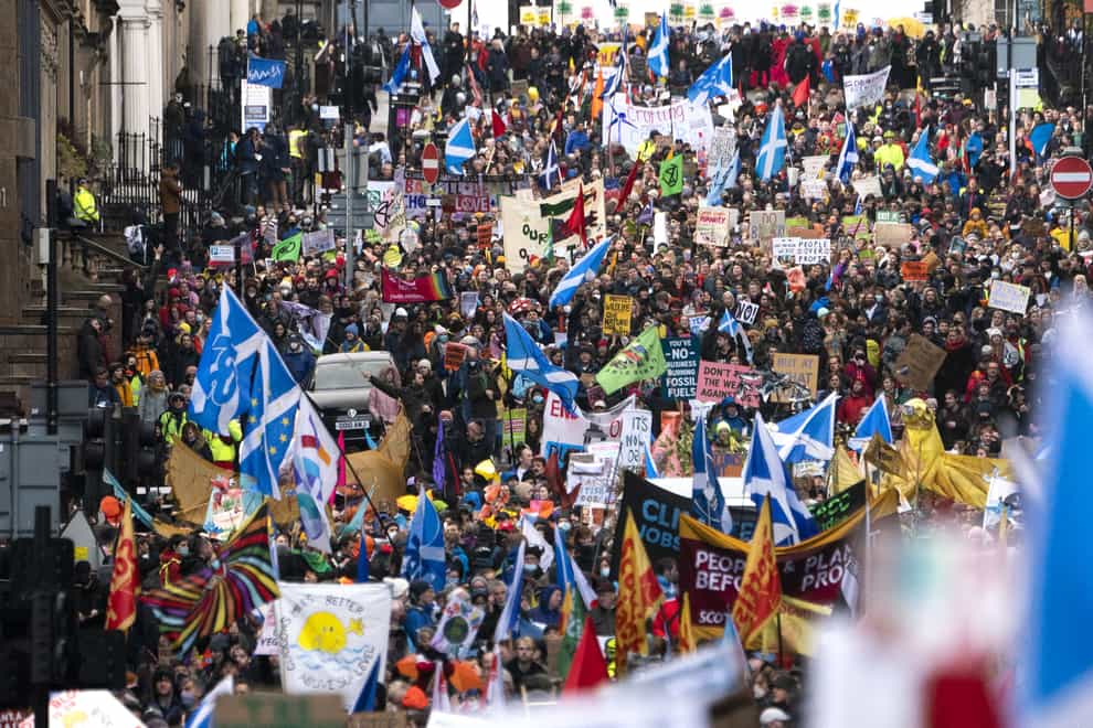 More than 100,000 people marched through Glasgow on Saturday, organisers say (Jane Barlow/PA)