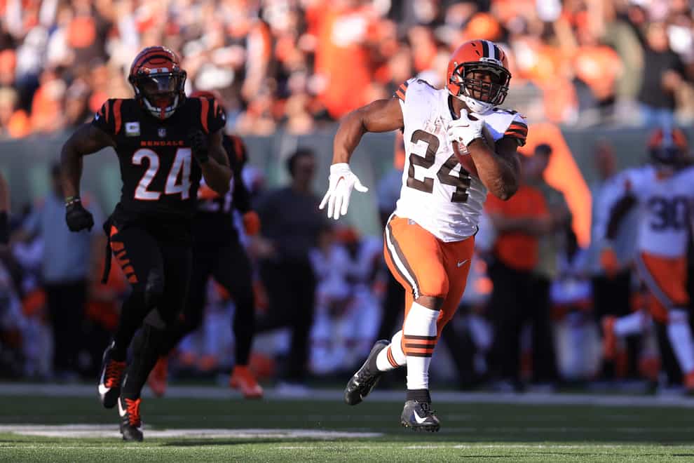 Cleveland Browns’ Nick Chubb (right) scored two touchdowns in the Cleveland Browns’ victory over the Cincinnati Bengals (Aaron Doster/AP).
