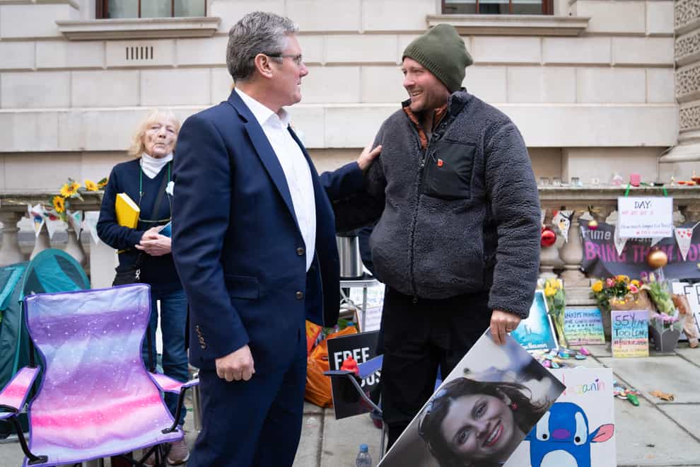 Labour leader Keir Starmer meets Richard Ratcliffe, the husband of Iranian detainee Nazanin Zaghari-Ratcliffe, outside the Foreign Office (Stefan Rousseau/PA)
