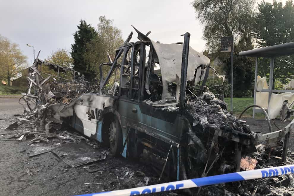 The scene on Abbott Drive in Newtownards near Belfast, after a bus was hijacked and set alight in an attack politicians have linked to loyalist opposition to Brexit’s Northern Ireland Protocol. Picture date: Monday November 1, 2021.
