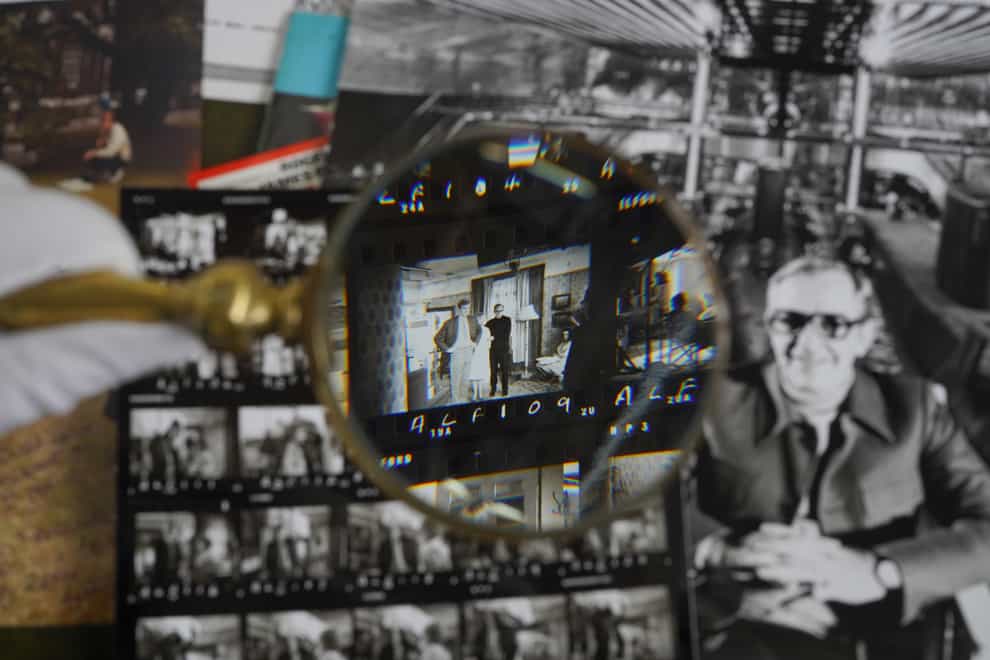 A contact sheet of pictures of film director Lewis Gilbert with actor Michael Caine on the set of Alfie, accompanied by a photograph of director, amongst the items in an archive sale at Bellmans auction house (Gareth Fuller/PA)
