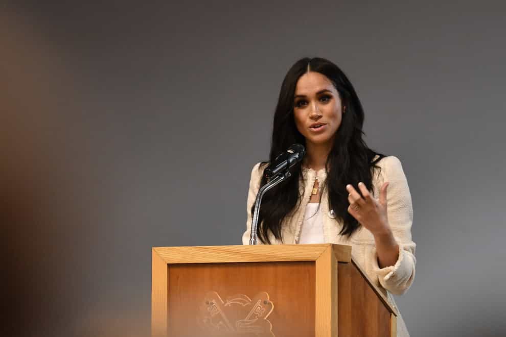 The Duchess of Sussex speaks during a school assembly as part of a surprise visit to the Robert Clack Upper School in Dagenham, Essex, to celebrate International Women’s Day.