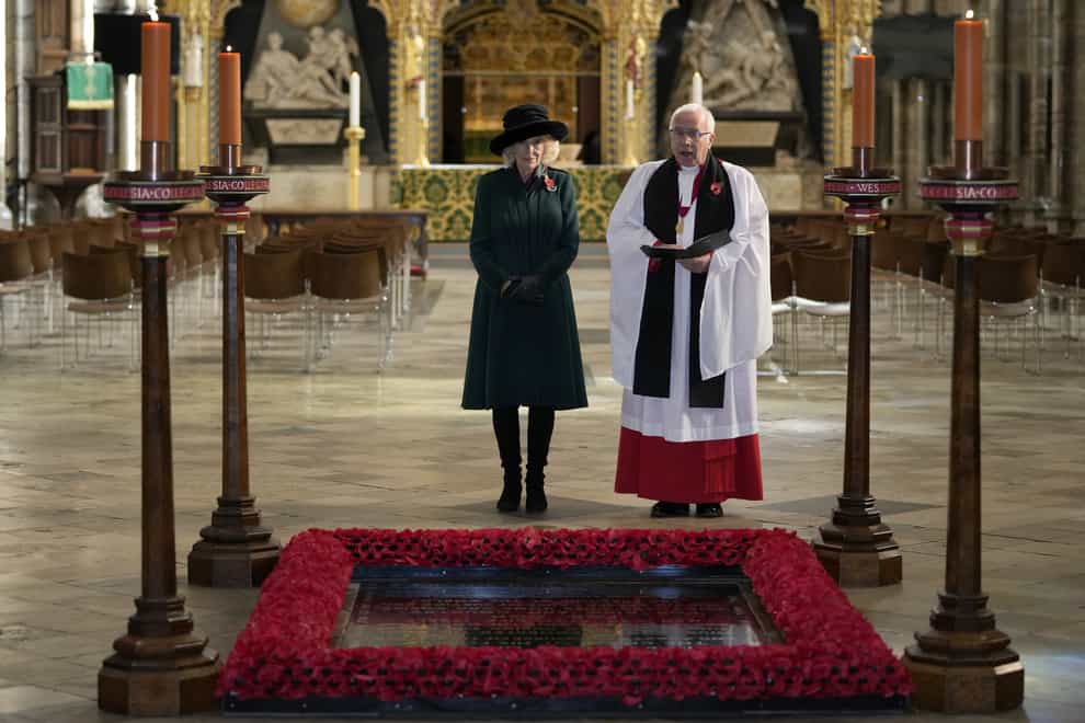 The Duchess of Cornwall at the grave of the Unknown Warrior inside Westminster Abbey (Frank Augstein/PA)