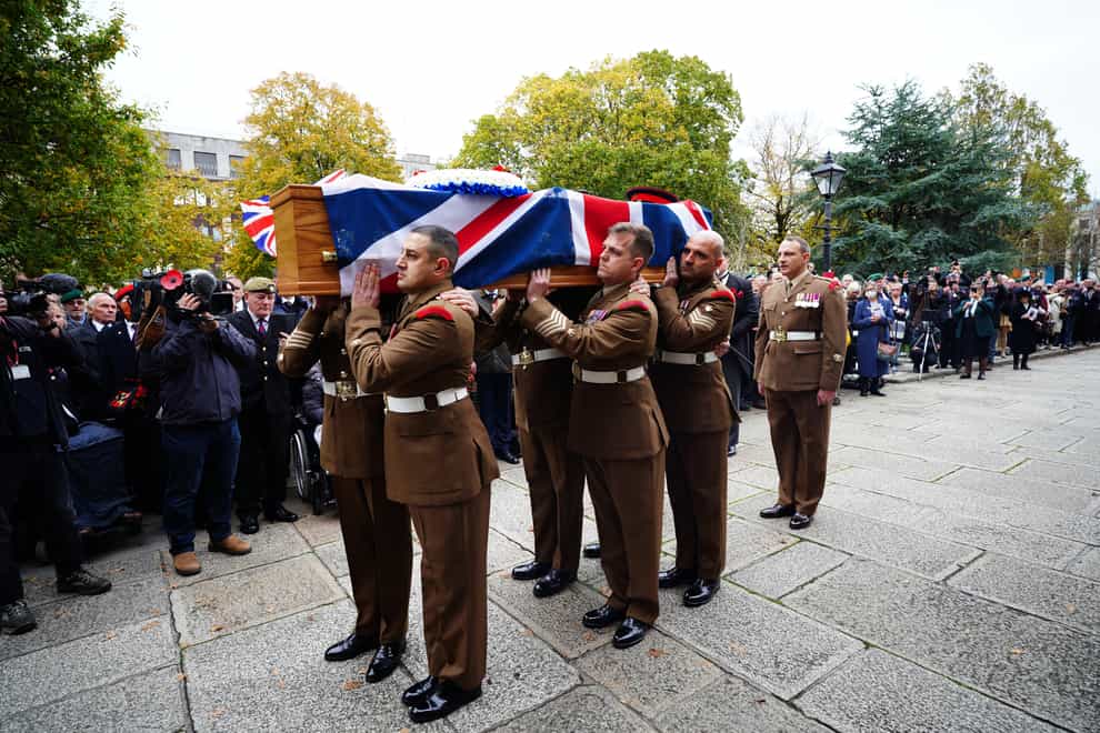 Members of the military act as the bearer party at the funeral of Dennis Hutchings, who died after contracting Covid-19 while he was in Belfast to face trial over a fatal shooting incident in Co Tyrone in 1974, at St Andrew’s Church in Plymouth (Ben Birchall/PA)
