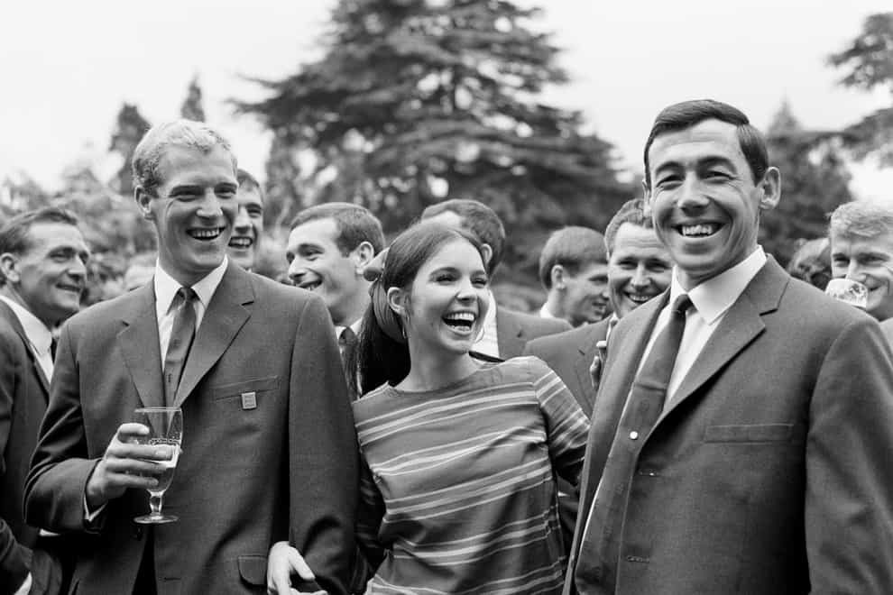 <p>England’s Ron Flowers (left) and Gordon Banks (right) with actress Vivien Ventura (PA)</p>