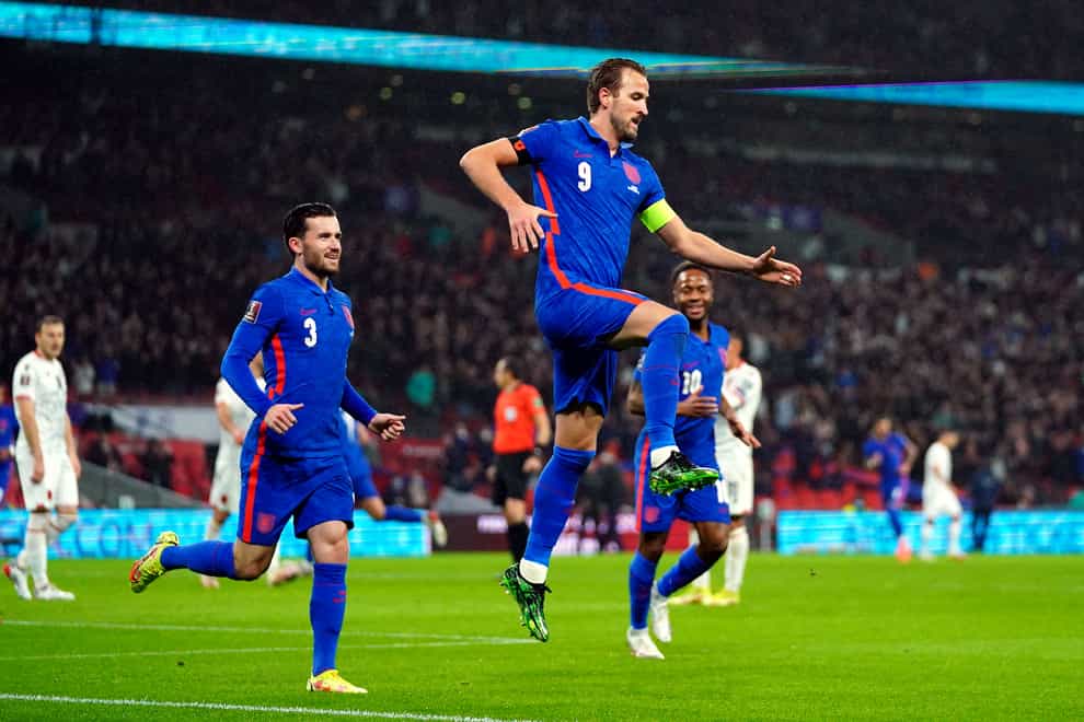 England’s Harry Kane celebrates scoring their side’s second goal of the game during the FIFA World Cup Qualifying match at Wembley Stadium, London. Picture date: Friday November 12, 2021.