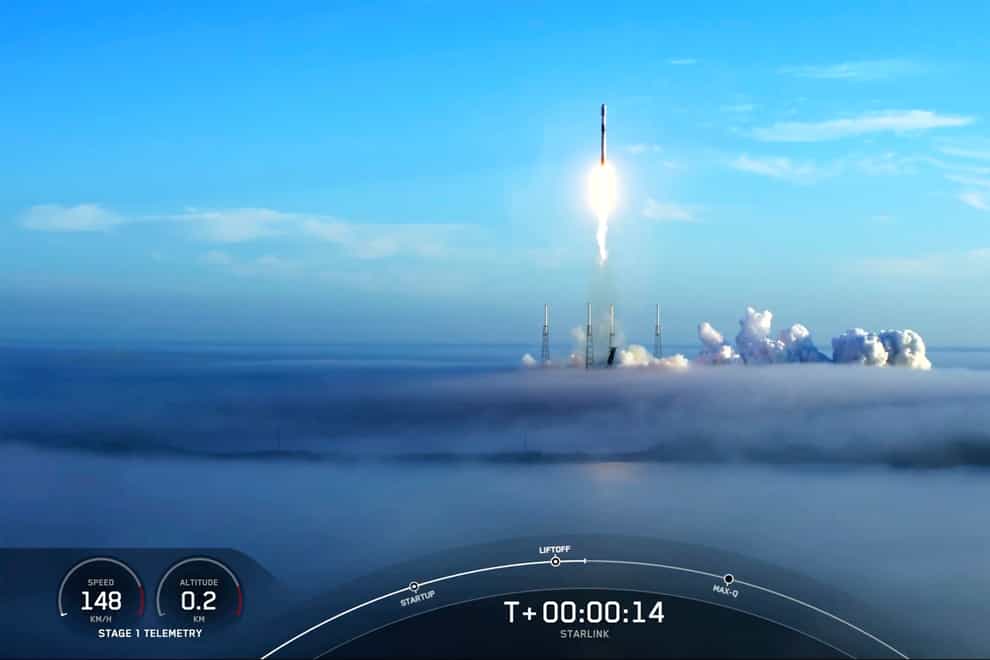 This still image provided by SpaceX shows a SpaceX Falcon 9 rocket lifting off from Cape Canaveral, Fla., Space Force Station on Saturday, Nov. 13, 2021. SpaceX expanded its constellation of low Earth orbit satellites with the launch of 53 Starlink satellites from Florida.(SpaceX via AP)