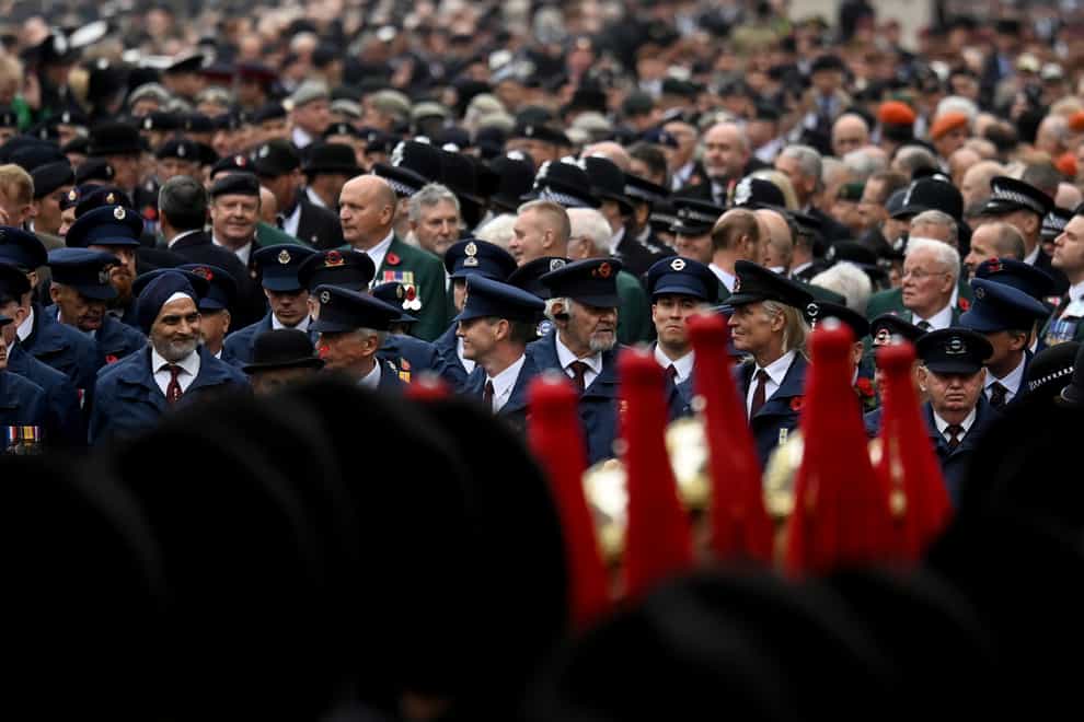 Military and service personnel line up ahead of the march past at the Remembrance Sunday service at the Cenotaph in London (Toby Melville/PA)