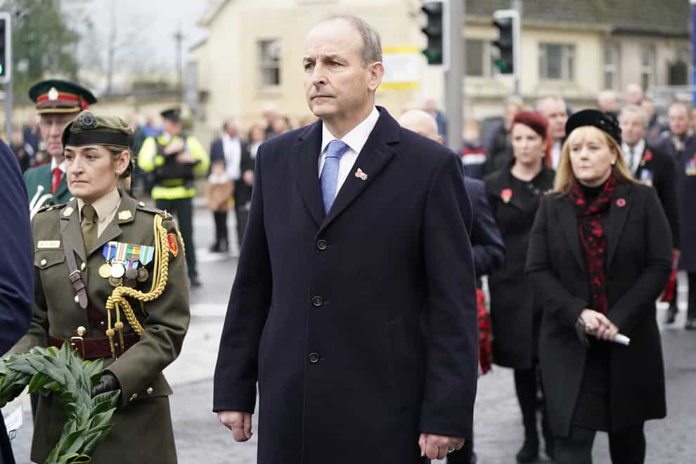 Taoiseach Michael Martin during the Remembrance Sunday service at the Cenotaph in Enniskillen (Niall Carson/PA)