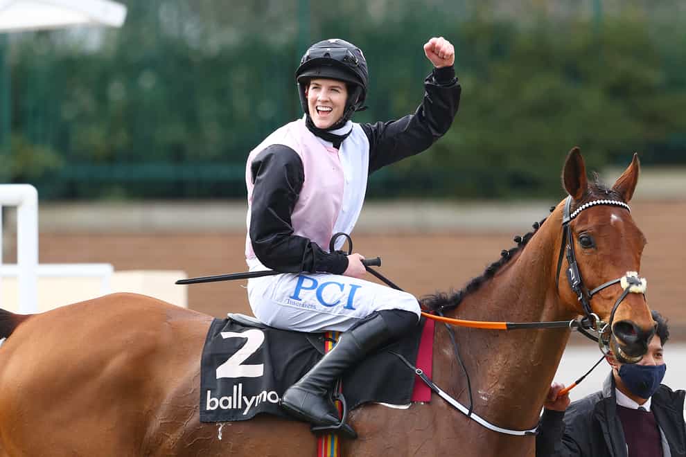 Rachael Blackmore celebrates onboard Bob Olinger after wining the Ballymore Novices’ Hurdle during day two of the Cheltenham Festival (Michael Steele/PA)