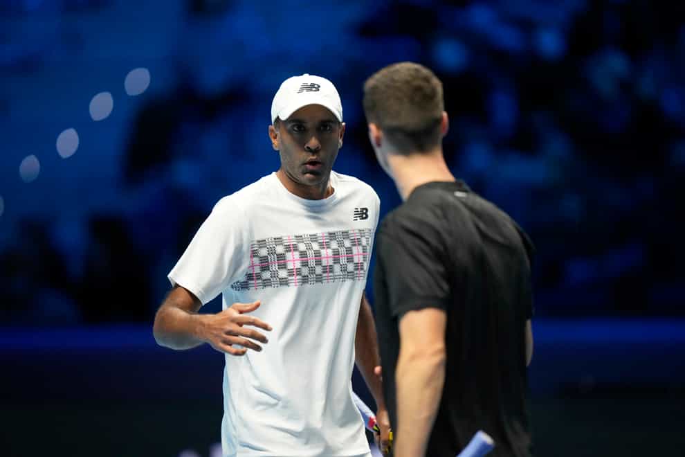 Joe Salisbury, right, and Rajeev Ram were victorious in their first group match at the ATP Finals (Luca Bruno/AP)