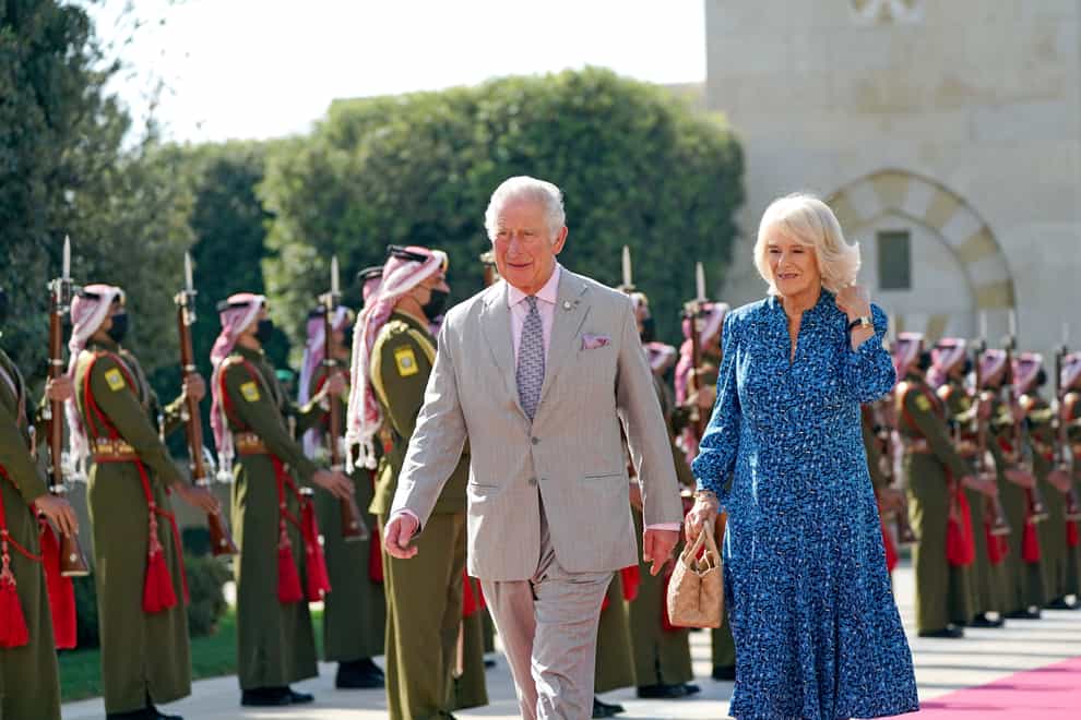 The Prince of Wales and Duchess of Cornwall arrive to meet King Abdullah II and Queen Rania Al-Abdullah at the Al Husseiniya Palace in Amman, Jordan, on the first day of their tour of the Middle East (Joe Giddens/PA)
