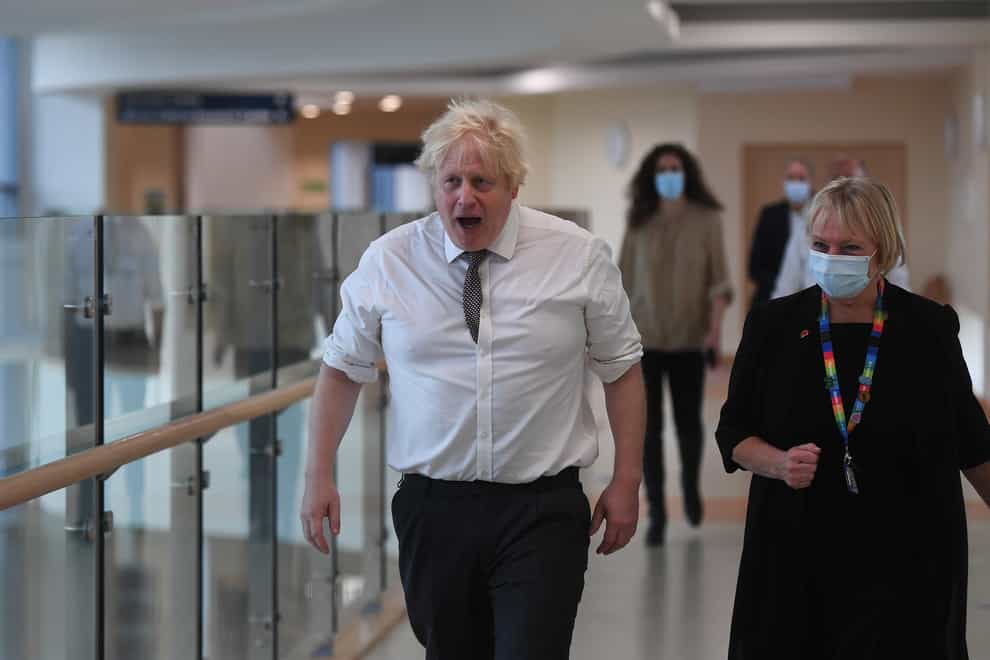 Prime Minister Boris Johnson with Marion Dickson, Executive Director of Nursing, Midwifery and Allied Health Professionals, and Executive Director for Surgery and Community Services for Northumbria Healthcare during a visit to Hexham General Hospital in Northumberland (PA)