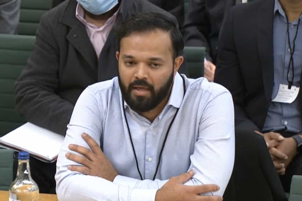 Azeem Rafiq giving evidence at the inquiry into racism he suffered at Yorkshire County Cricket Club (Parliament TV)