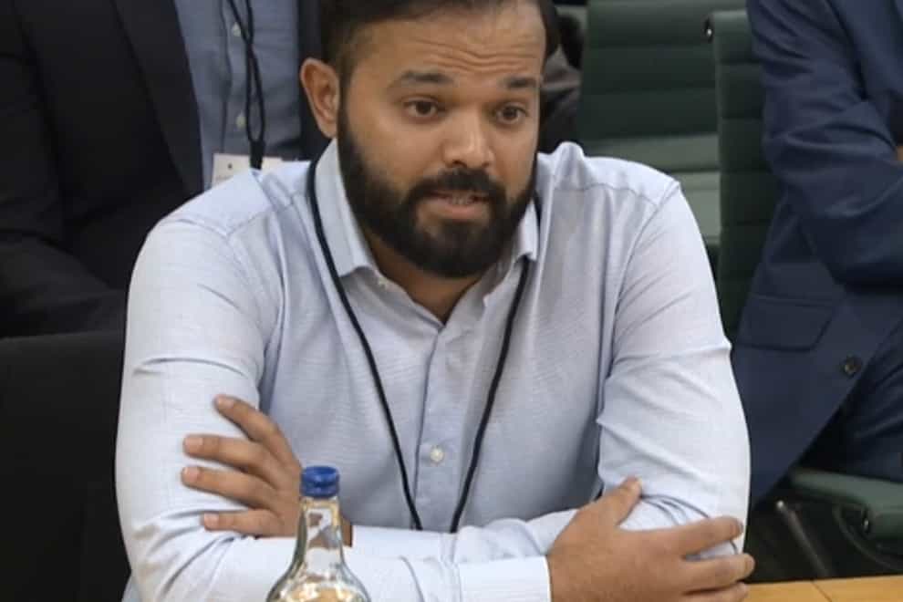 Former cricketer Azeem Rafiq giving evidence to the Commons Digital, Culture, Media and Sport Committee (House of Commons/PA)