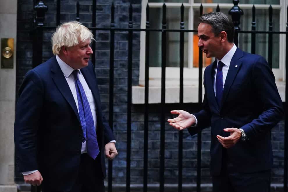 Prime Minister Boris Johnson welcomes the Prime Minister of Greece, Kyriakos Mitsotakis, to 10 Downing Street (Victoria Jones/PA)
