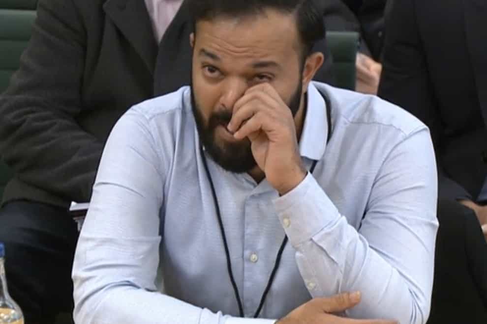Screen grab from Parliament TV of former cricketer Azeem Rafiq crying as he gives evidence before the DCMS select committee on the racism he suffered at Yorkshire.