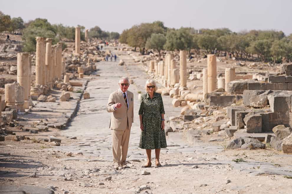 The Prince of Wales and Duchess of Cornwall during a walking tour of Umm Qais (Joe Giddens/PA)