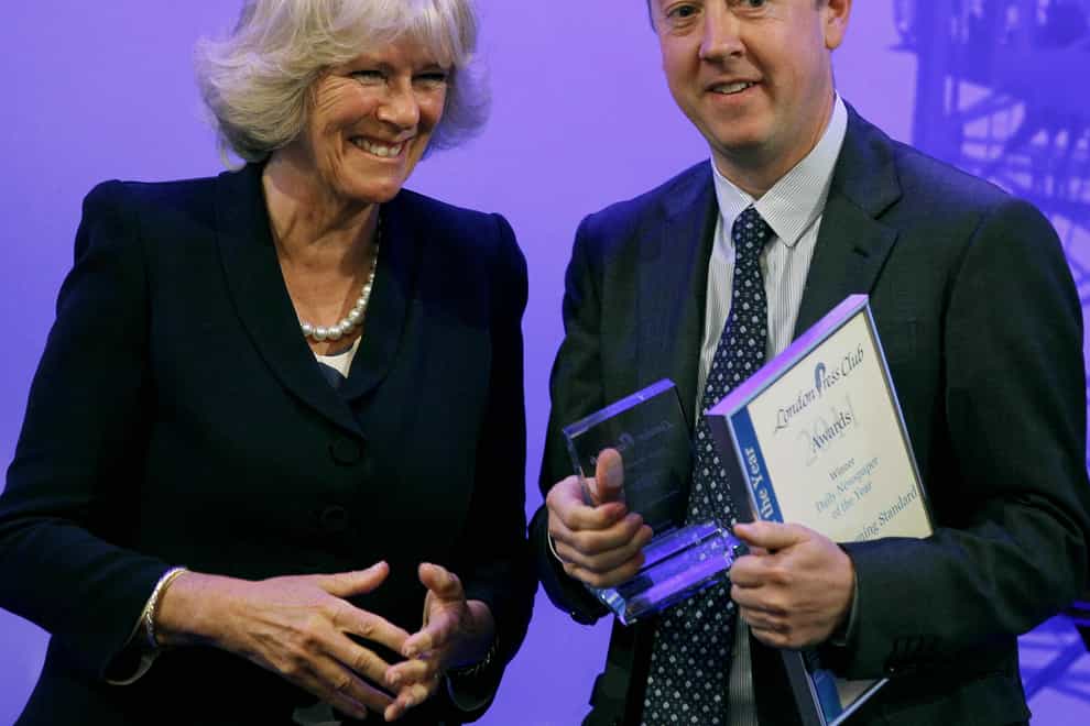 The Duchess of Cornwall presents Geordie Greig, Editor of the London Evening Standard with the Daily Newspaper of the Year Award at the London Press Club Awards in London.
