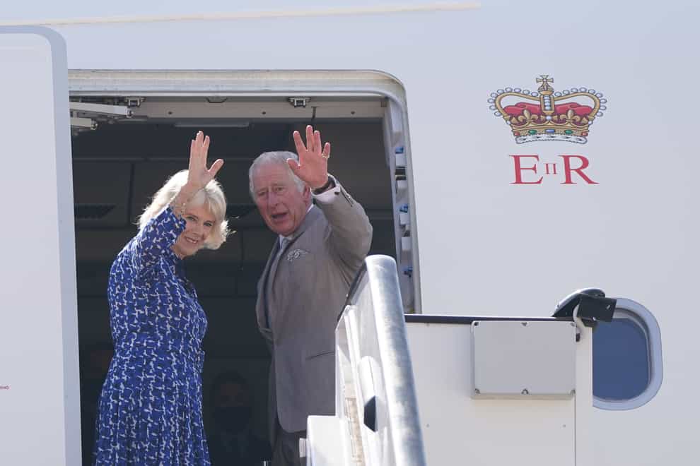 The Prince of Wales and the Duchess of Cornwall at Queen Alia International Airport before departing Jordan to fly to Egypt, on the third day of their tour of the Middle East (Joe Giddens/PA)