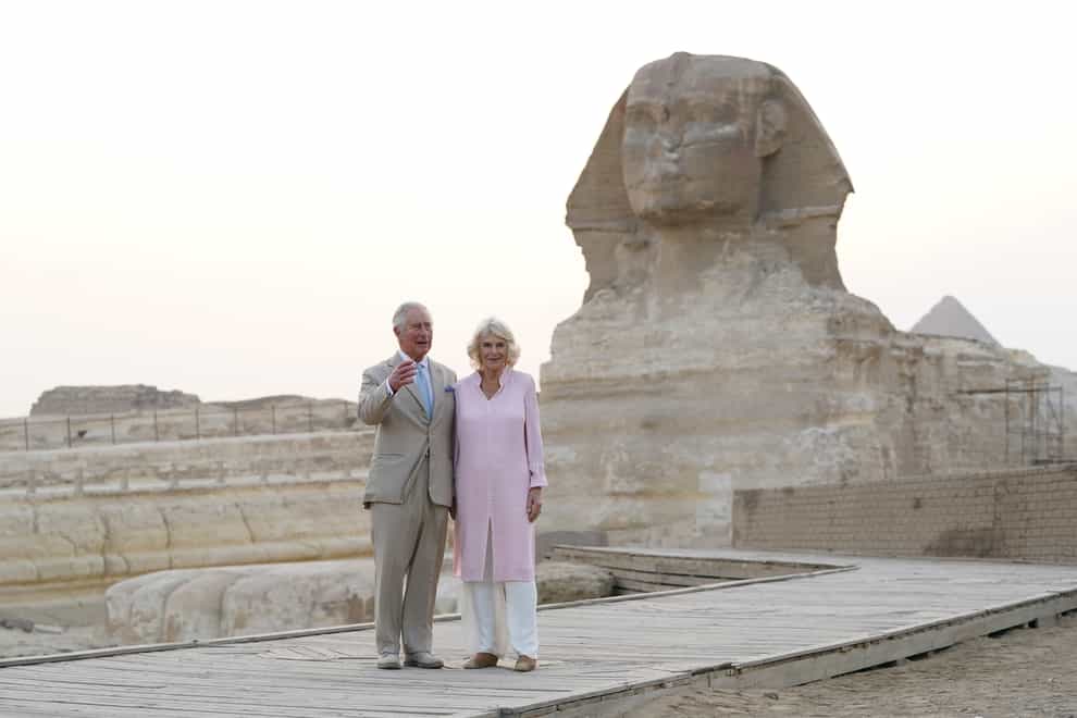 The Prince of Wales and the Duchess of Cornwall during a visit to the Great Sphinx of Giza, Egypt (Joe Giddens/PA)